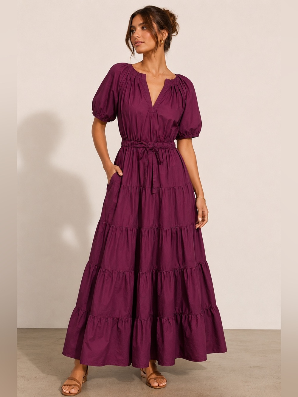 Ulla Johnson Olina Syrah Tiered Cotton Midi Dress Puff Sleeve Size 2